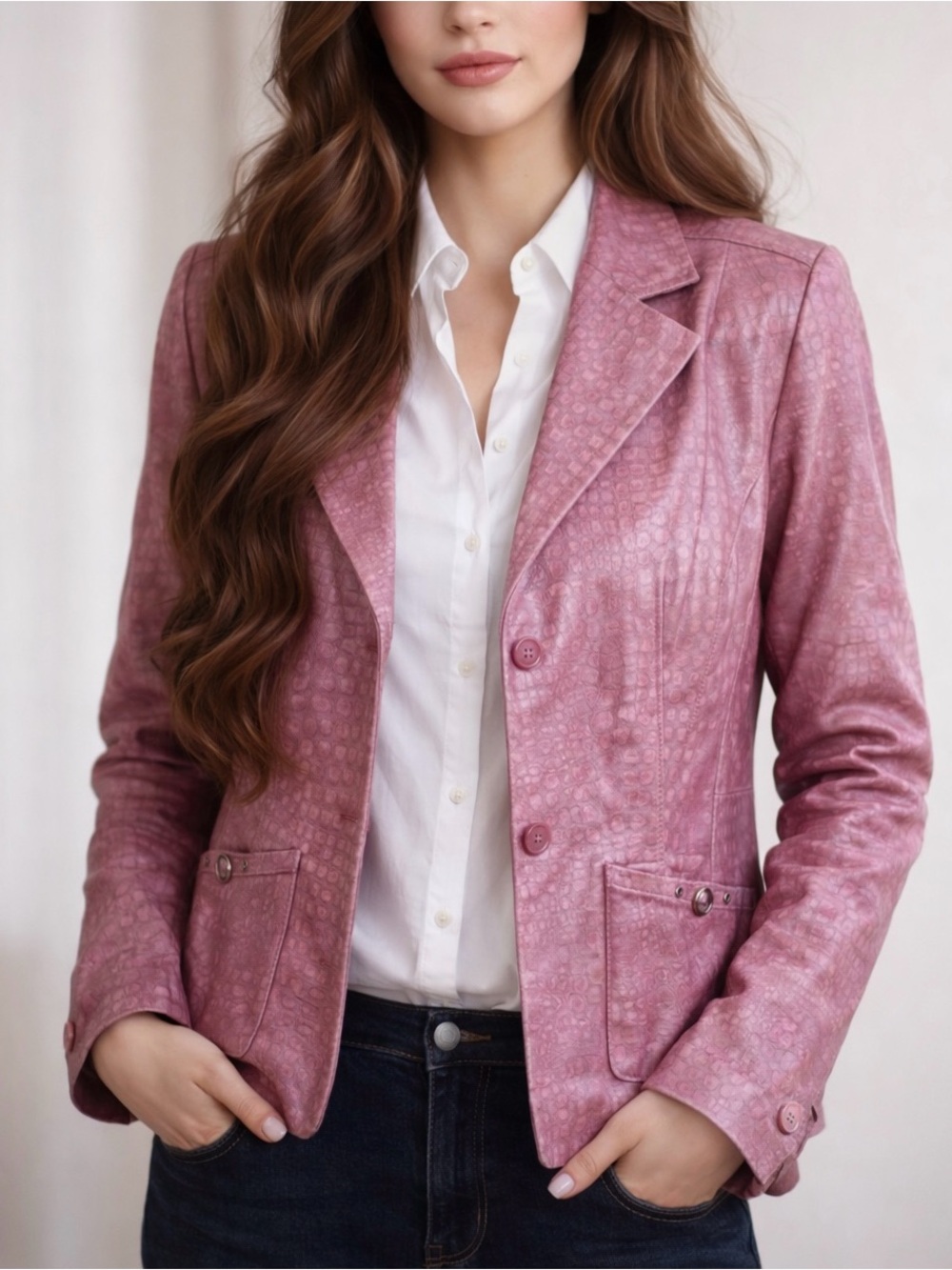 Vintage Lilac Lavender Pamela McCoy Croc‑Embossed Leather Jacket